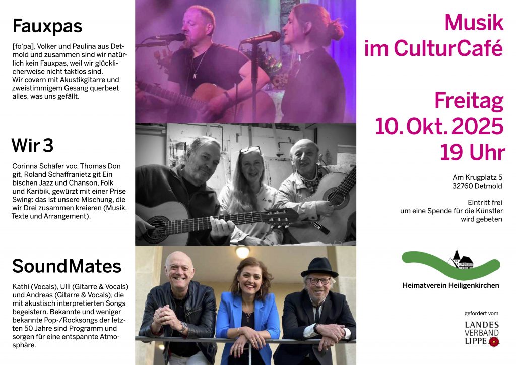 Musik im CulturCafé am 10.10.2025: Faux Pas, Wir 3 und SoundMates