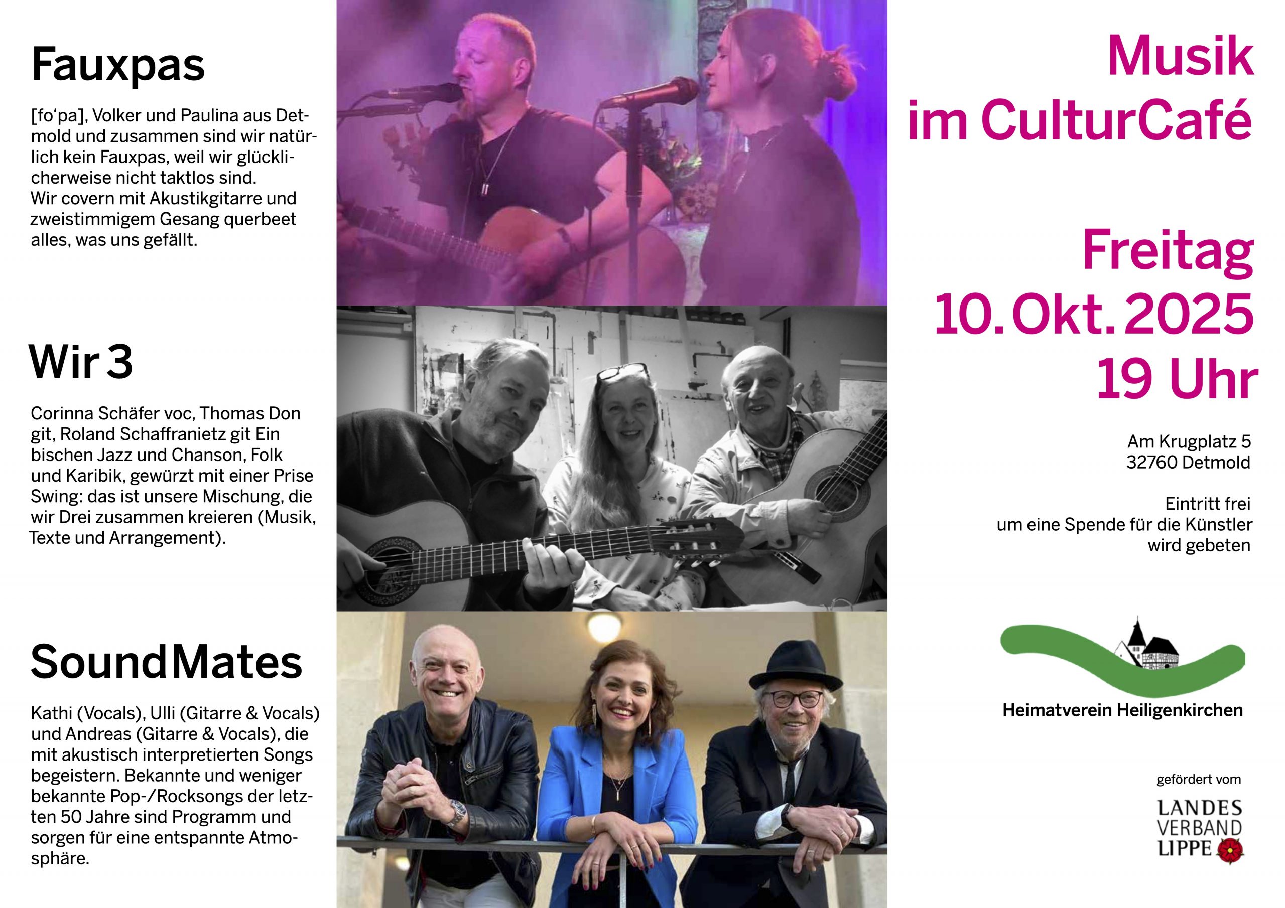 Musik im CulturCafé am 10.10.2025: Faux Pas, Wir 3 und SoundMates